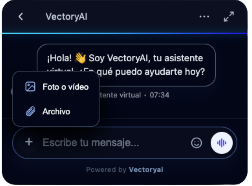 Chatbot web: menú de adjuntos con Foto o vídeo y Archivo