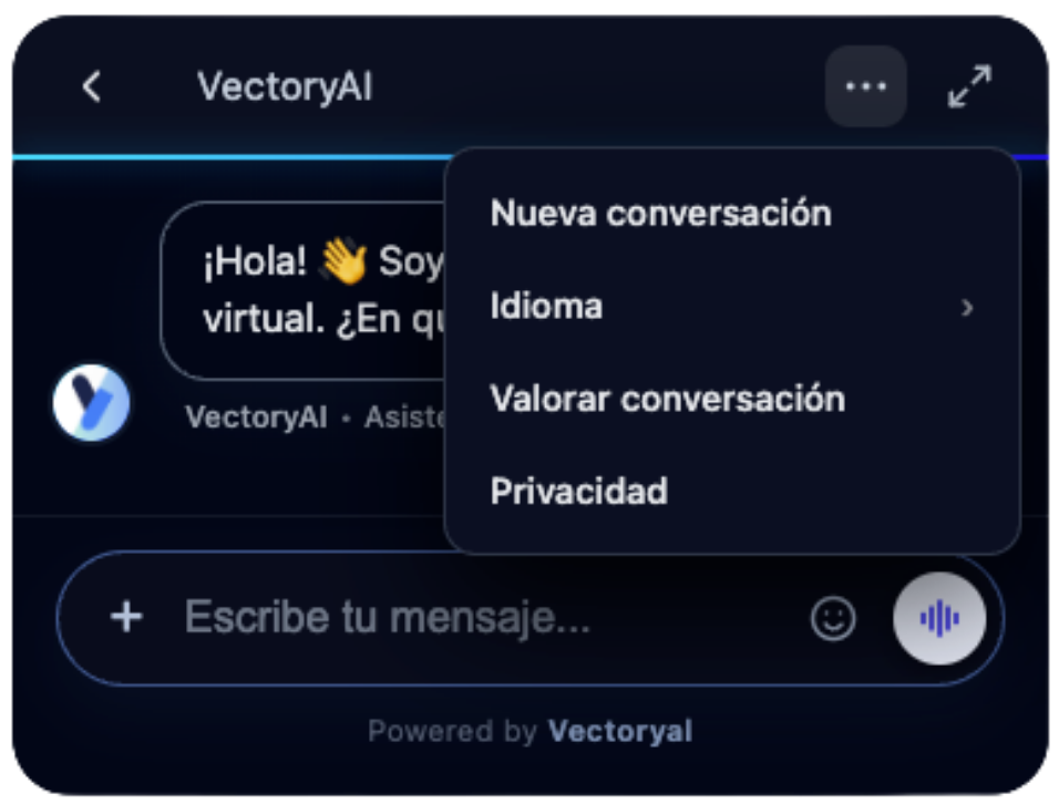 Chatbot web: menú con la opción de idioma