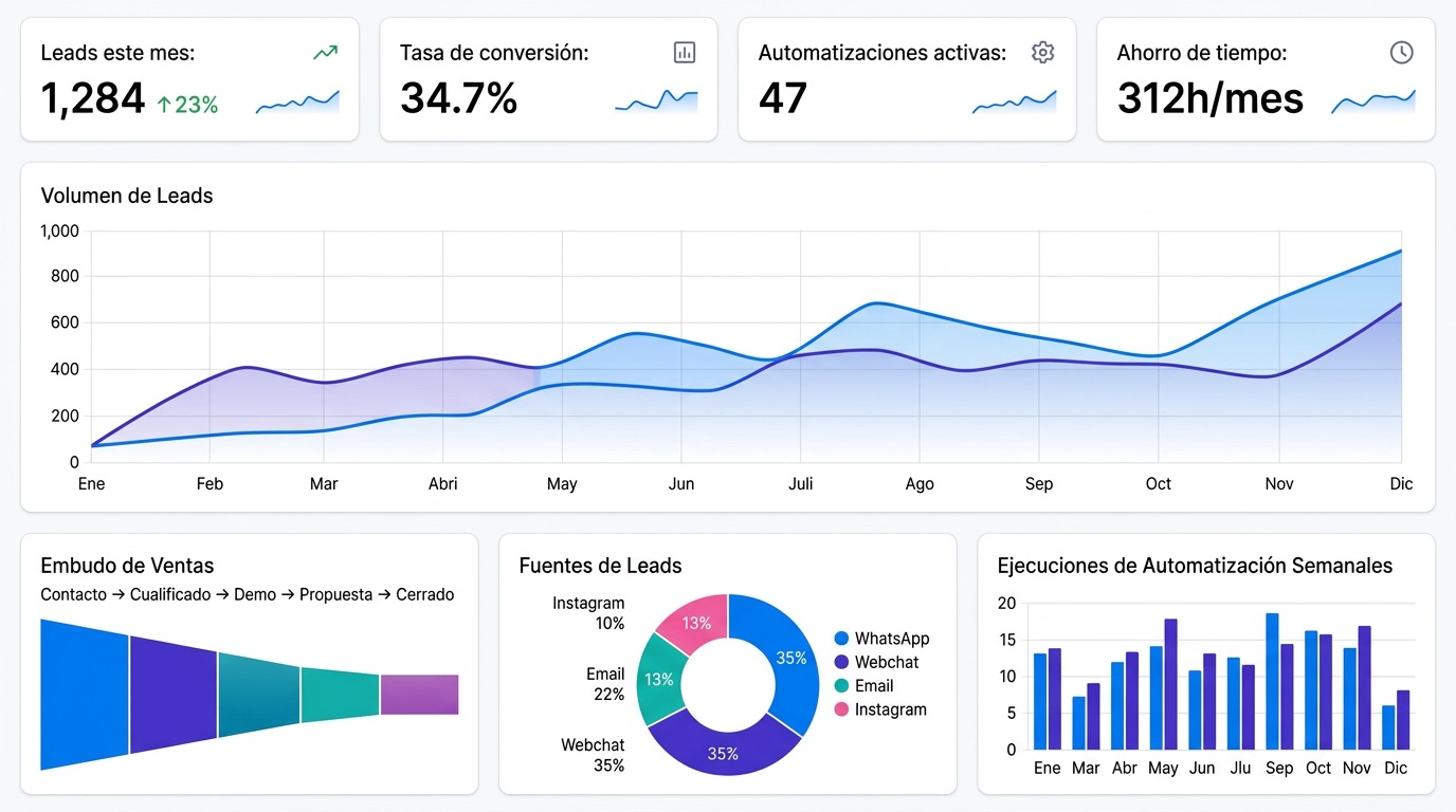 Dashboard de métricas, embudo de ventas y KPIs operativos de Vectoryal